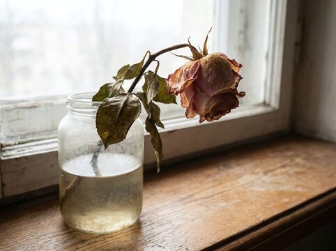 Wilted dried rose flower in a glass jar on an old wooden windowsill