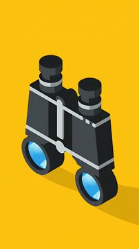 Isometric pixel art binoculars searching, exploration and discovery symbol, bright yellow background