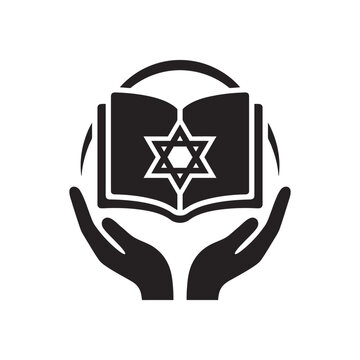 Vector icon of hands holding an open book with Star of David symbol.