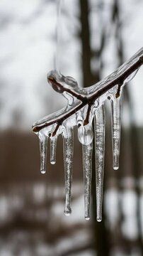 A close up view of a tree branch covered in thick layers of ice during a cold winter day