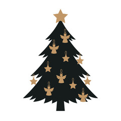 Obraz premium Black Christmas tree silhouette adorned with gold angels and stars.