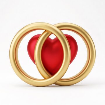 3D icon of two interlocking golden wedding rings with a red heart shape marriage commitment illustration