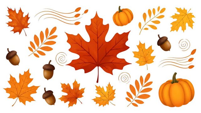 Autumn harvest collection of falling leaves, pumpkins, acorns, and swirling wind elements, warm orange and yellow