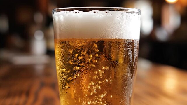 A cold glass of golden beer being poured with thick white foam