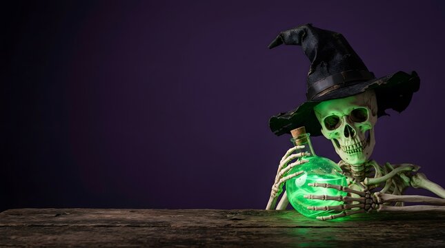 Halloween skeleton wearing a witch hat holding a glowing green magic potion bottle
