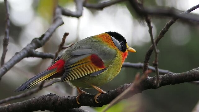 Close up of a brilliantly colored exotic wild bird with vibrant plumage perched on a bare tree branch against a soft natural bokeh background.