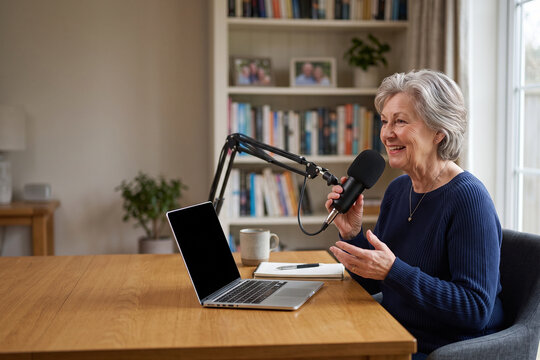 Senior Woman Recording Podcast from Home Office During Active Retirement