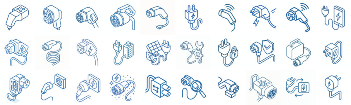 minimalist isometric line art vector blue EV Plug