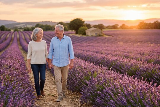 Senior Couple Walking Through Blooming Lavender Field at Sunset