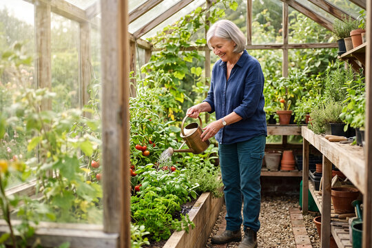 Senior Woman Watering Greenhouse Plants as Healthy Gardening Hobby