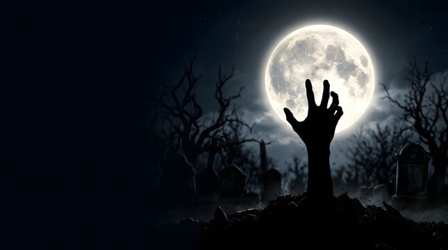 Zombie hand rising from grave in cemetery under full moon