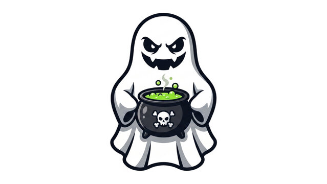 A spooky ghost holding a bubbling cauldron with a skull symbol. The ghost has an evil grin and glowing eyes, giving a frightening Halloween vibe