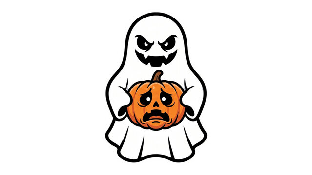 A spooky ghost character holding a scared pumpkin, perfect for Halloween celebrations and spooky designs