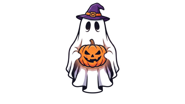 A cute cartoon ghost wearing a witch hat and holding a carved pumpkin, ready for Halloween