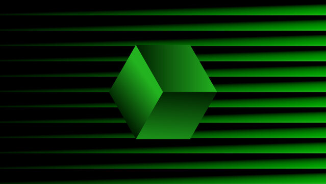 geometric green cube on horizontal lines with neon style and shadow effect for speed and movement. design vector for modern wallpaper and futuristic background