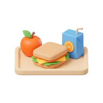 3D lunch icon featuring sandwich apple and orange juice box on tray sandwich breakfast isolated minimalist