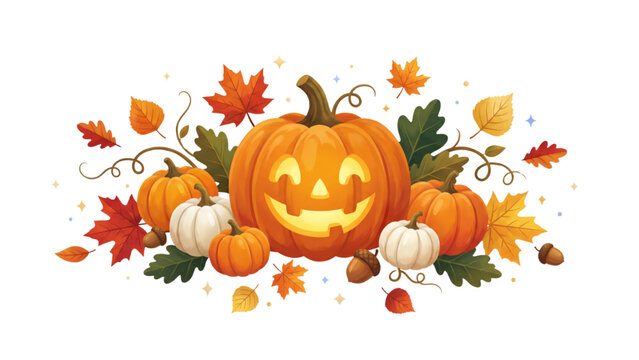 A festive Halloween display featuring carved pumpkins, colorful autumn leaves, and scattered acorns. The central pumpkin has a carved smiling face, glowing warmly