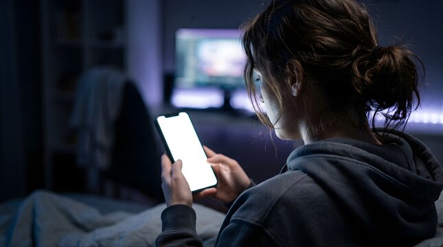 Woman using smartphone with white screen mockup in dark room at night