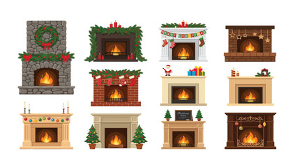 Fototapeta premium PrintCozy Christmas fireplace vector illustration set with festive holiday decorations, burning fire, brick mantels, stockings, and winter wreaths