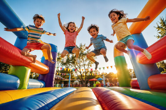 Happy children jumping on colorful inflatable bounce house at outdoor birthday party, joyful kids enjoying inflatable playground, family entertainment, rental attractions and summer fun
