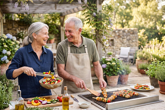 Senior Couple Grilling Healthy Meal Together in Backyard Garden