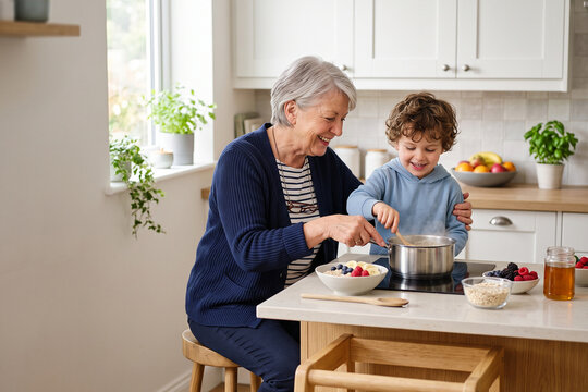 Grandmother Cooking Healthy Meal with Grandchild in Home Kitchen