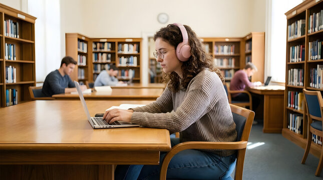 Student using laptop and headphones in library for quiet study.