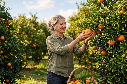 Senior Woman Harvesting Fresh Oranges in Sunny Orchard for Healthy Active Lifestyle
