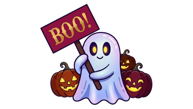A cute ghost holding a sign that says BOO! with carved pumpkins in the background