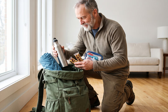 Senior Man Packing Hiking Backpack for Outdoor Adventure