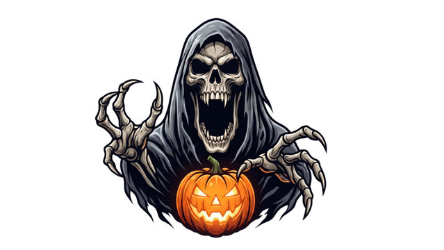 A menacing grim reaper figure with a skull face and flowing dark robe clutches a glowing jack-o'-lantern in its outstretched hands. Its skeletal fingers are long and sharp, ready to grasp.