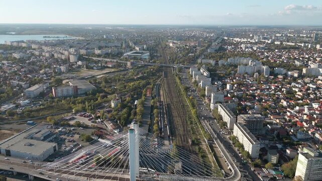 Afternoon Traffic Moves Around Basarab Station And Bucharest North Railway Station Romania Drone High Angle 4K 60FPS