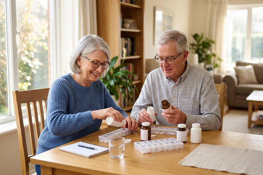 Senior Couple Organizing Daily Medication Together at Home