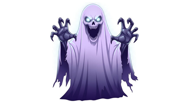 A spooky ghost with glowing eyes and sharp claws, emerging from tattered robes, ready to haunt