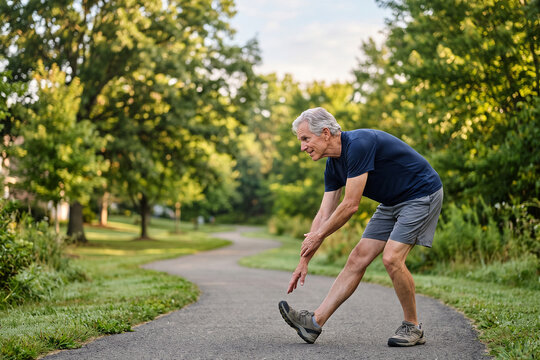 Senior Man Raking Leaves in Park for Active Outdoor Lifestyle
