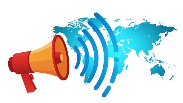Megaphone broadcasting sound waves over a vibrant blue world map representing global communication and announcements