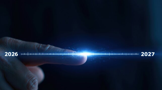 Finger touching digital light beam representing 2026 to 2027 future time line
