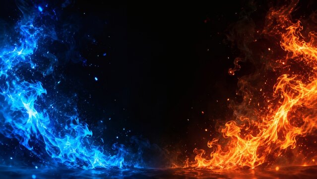 Fire and Ice Clash: Dynamic flames of fiery orange and electric blue converge against a dark void, creating an abstract representation of elemental opposition and raw power.
