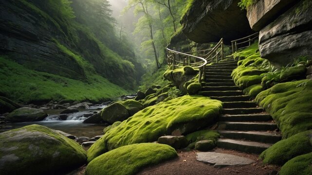 Serene forest pathway leading to moss-covered steps beside a tranquil stream in a lush canyon