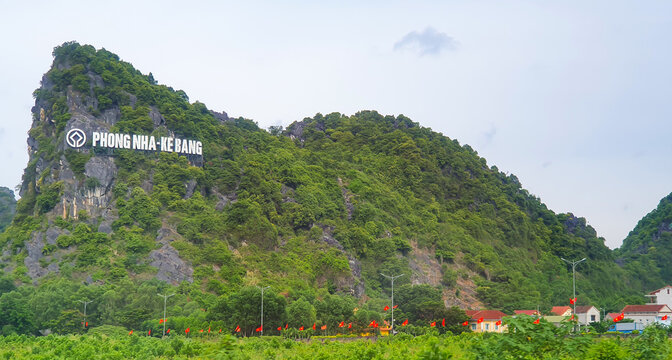 Quang Binh, Vietnam - August 23, 2024 : Signboard of Phong Nha-Ke Bang National Park On A Mountain In Quang Binh. Phong Nha-Ke Bang National Park Was First Nominated As A UNESCO World Heritage Site.