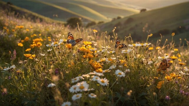 Vibrant butterflies fluttering over a field of wildflowers during sunset in a serene landscape