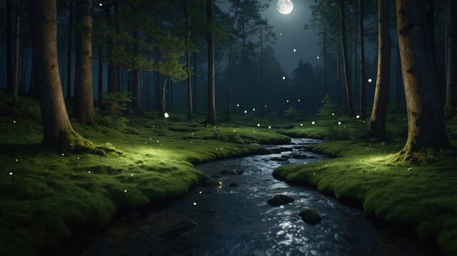 Serene night in a lush forest with a moonlit stream and glowing fireflies illuminating the scene