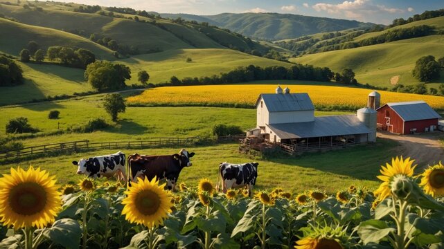 Serene countryside landscape featuring cows grazing near a farmhouse surrounded by sunflowers