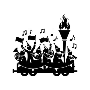Festive parade float silhouette with marching band musicians, carnival celebration vector, holiday festival parade with musical instruments and torch