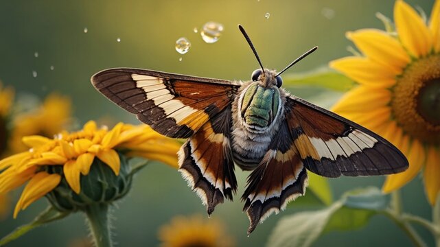 Colorful butterfly hovering over vibrant sunflowers with droplets in the air, showcasing nature's beauty