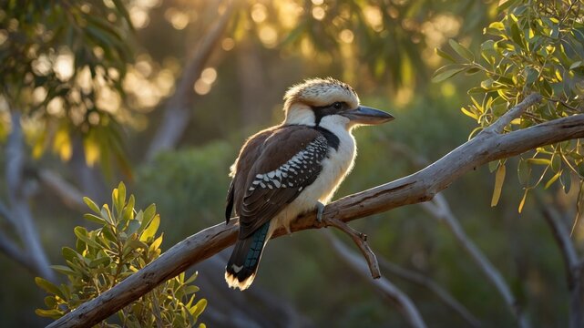A kookaburra perched on a branch in a sunlit forest, surrounded by lush greenery and soft bokeh