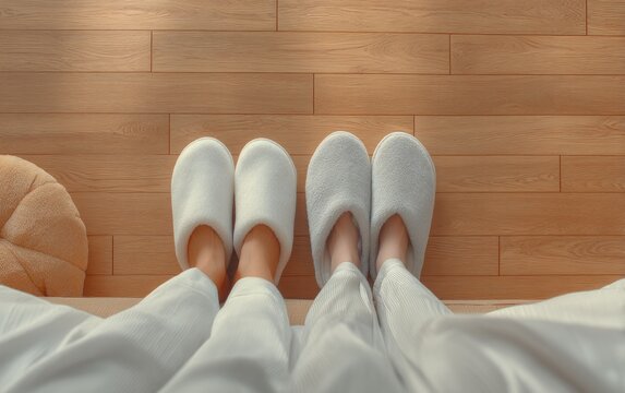 Cozy soft white slippers on wooden floor with comfortable home attire
