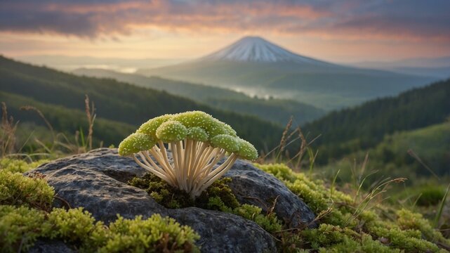 Lush green mushrooms grow on a rock in the foreground, with a majestic mountain in the background at sunset