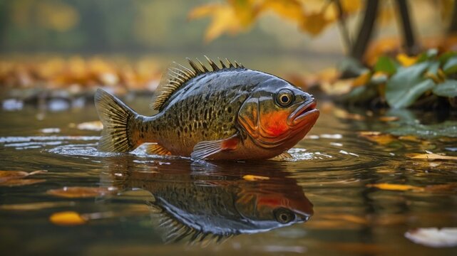 Colorful fish swimming in a serene pond surrounded by autumn leaves, reflecting nature's beauty