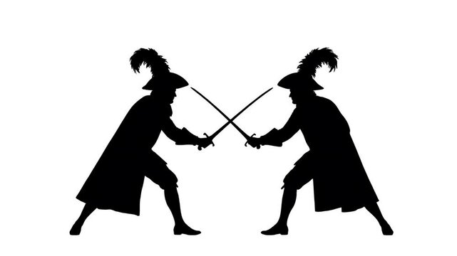 Silhouette duel between two musketeers in historical attire with swords and feathered hats, sword fight action, vintage style